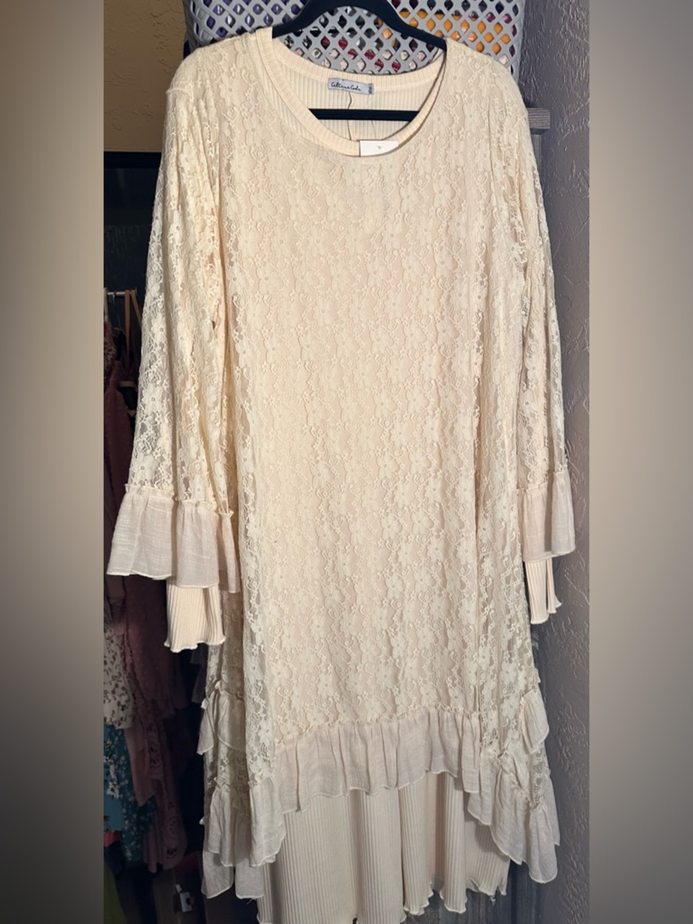 Origami Lace Ruffle Tunic in Ivory — Women's Long Sleeve Tunic - Picture 2 of 4